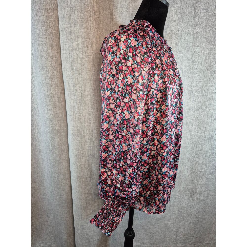 Buddy Love Floral Ruffle Neck Blouse Small Smocked Cuffs Sheer Long Sleeve Boho - Picture 3 of 9